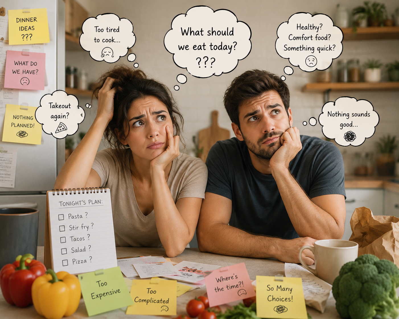 A stressed couple overwhelmed deciding what to cook