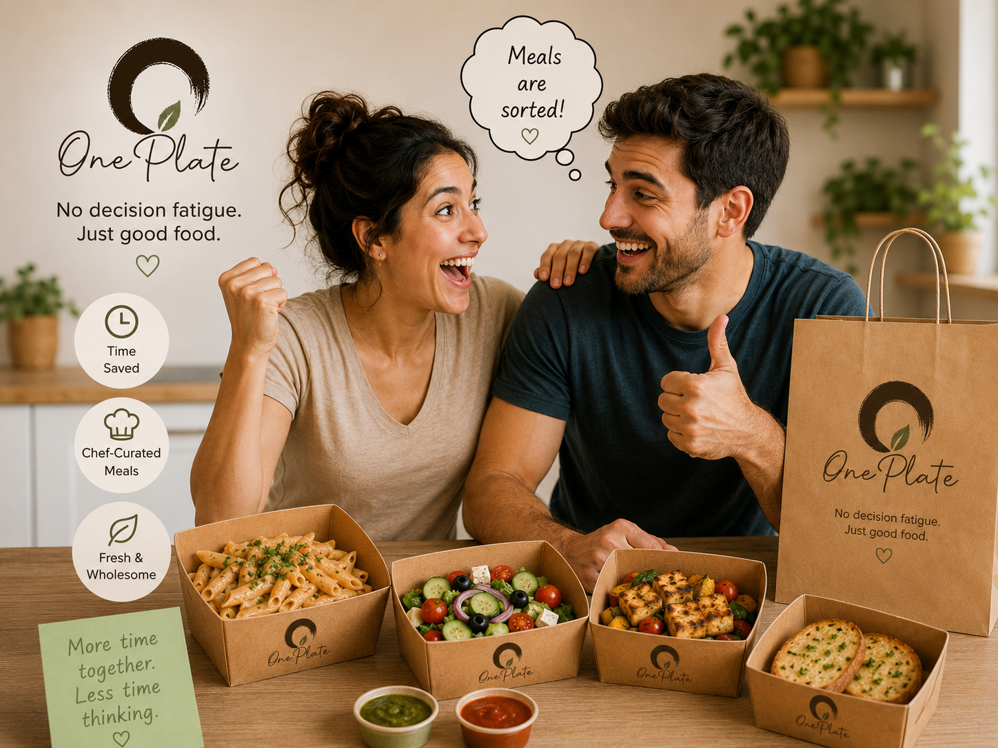 A happy couple enjoying chef-curated OnePlate meals